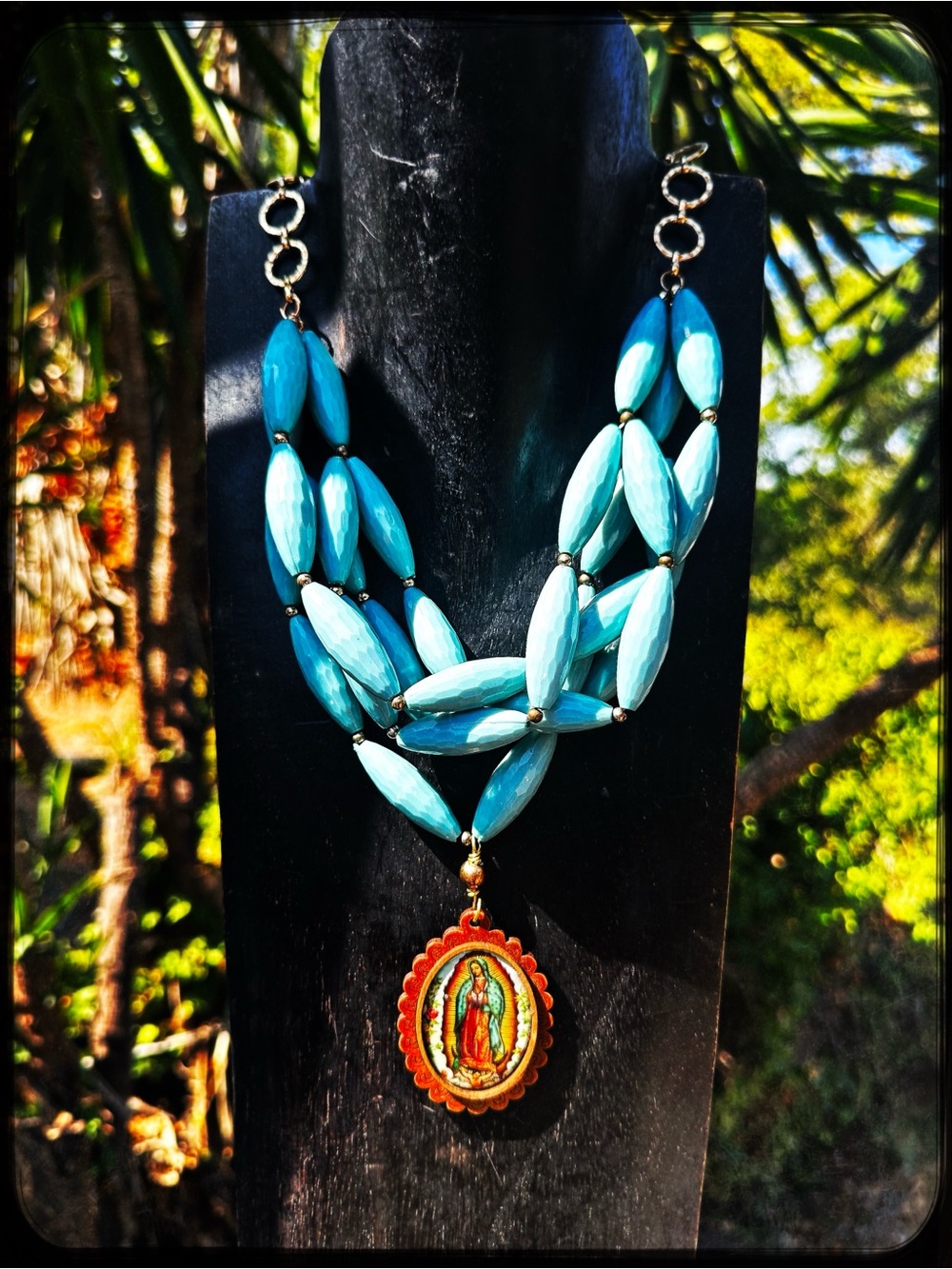 Vintage Statement Collar Necklace in Aqua beads, Guadalupe Portrait